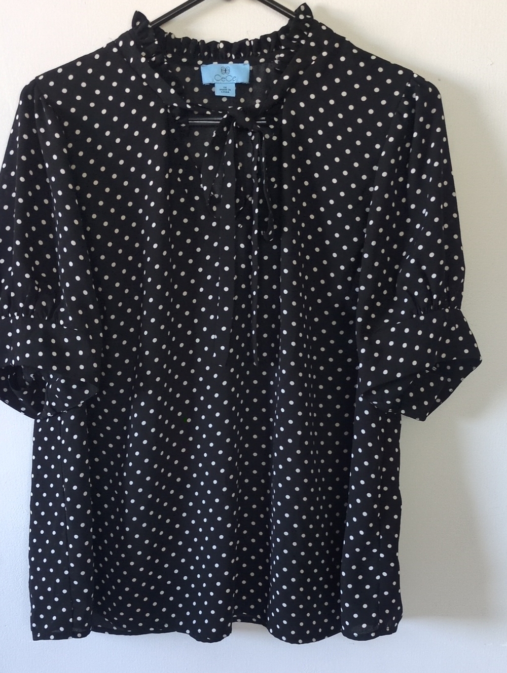 CeCe Black & White Polka Dot Tie-Neck Blouse